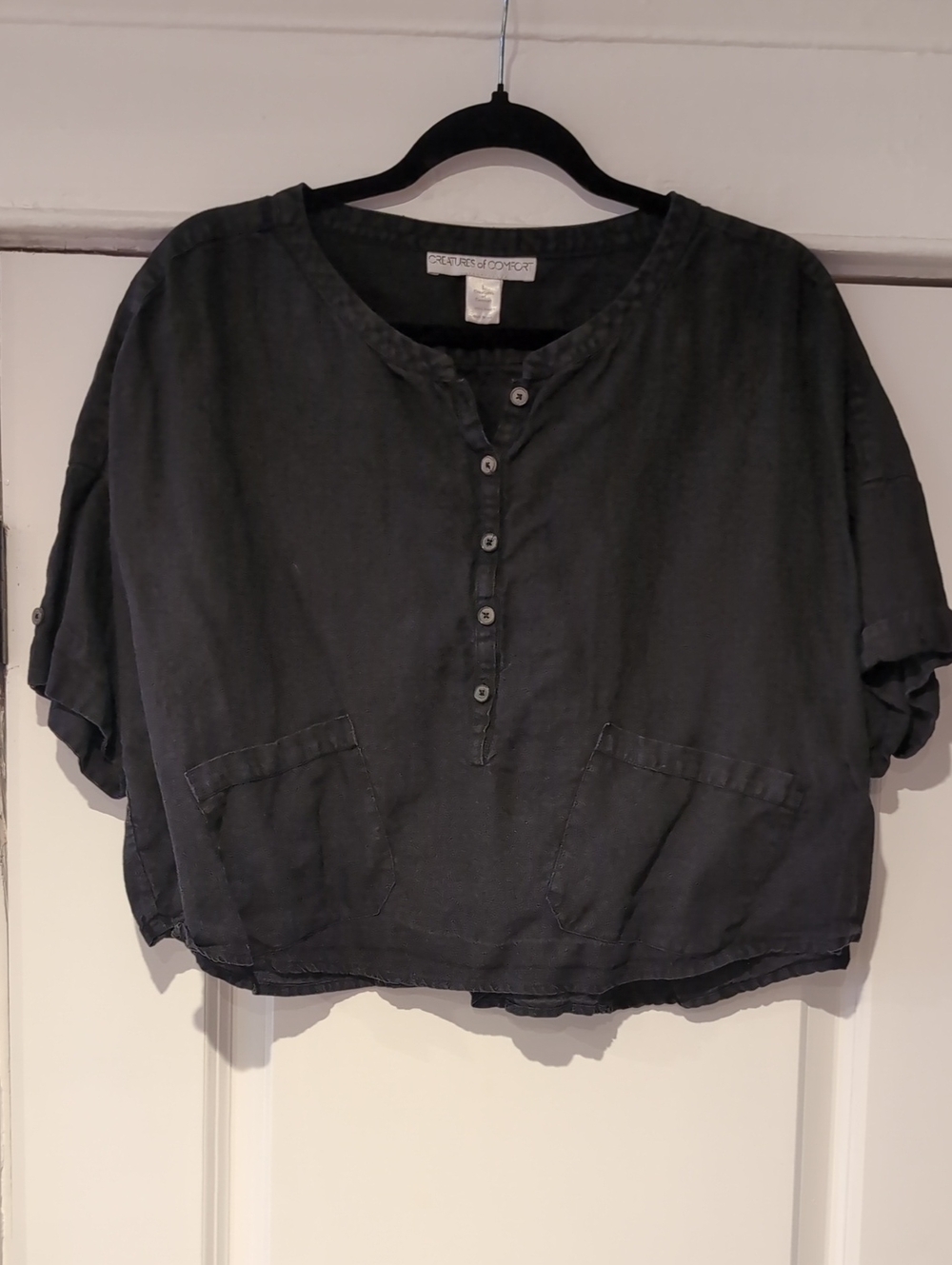 Creatures Of Comfort Black Linen Button-Front Crop Top
